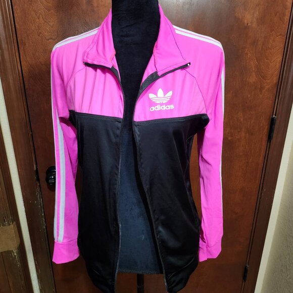 Adidas Track Jacket Black Hot Pink Full Zip Long Sleeve W/ Pockets Women' Size M - Picture 4 of 9